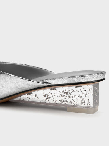 Metallic Speckled-Heel Wedge Mules​, Silver, hi-res