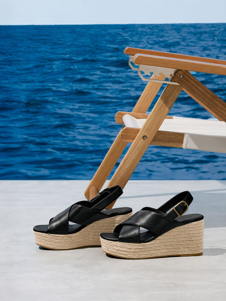 Crossover Espadrille Wedges, Black, hi-res