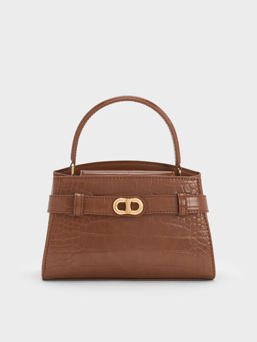 Aubrielle Croc-Effect Belted Top Handle Bag, Chocolate Croco, hi-res