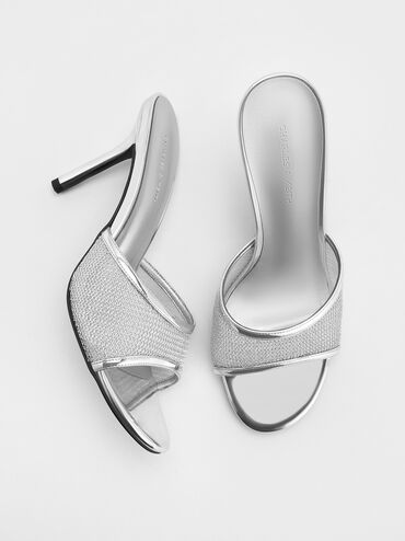 Mesh Metallic Stiletto-Heel Mules, Silver, hi-res