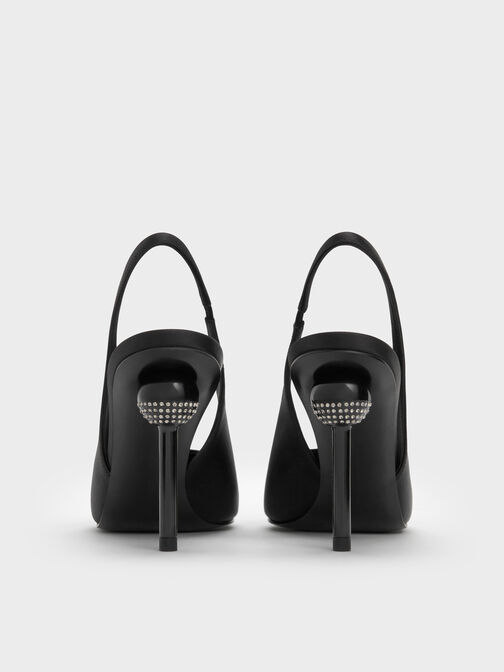 Satin Crystal Ball-Heel Slingback Pumps, Black Textured, hi-res