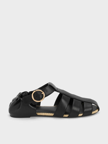 Caged Flat Espadrilles, Black, hi-res