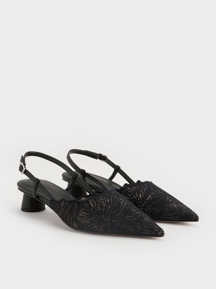Meja Floral-Crochet Slingback Pumps, Black Textured, hi-res