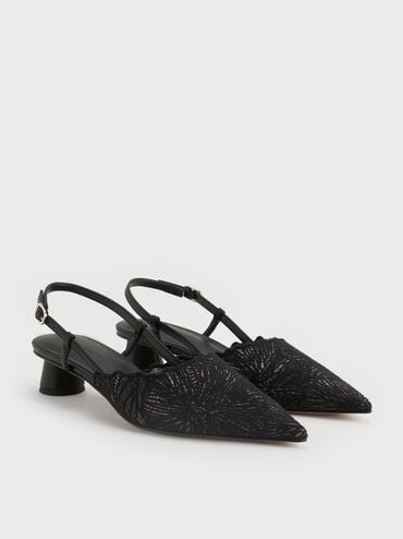 Meja Floral-Crochet Slingback Pumps, Black Textured, hi-res