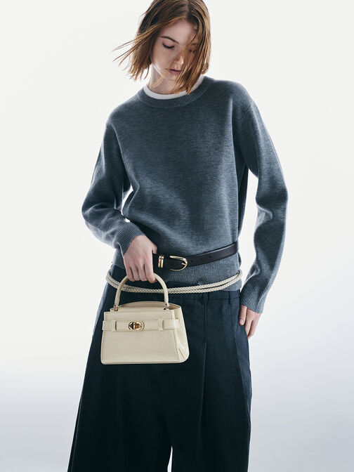 Aubrielle Croc-Effect Belted Top Handle Bag, Ivory, hi-res
