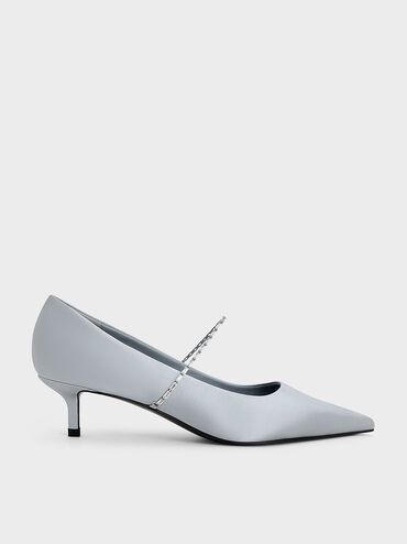 Satin Embellished-Strap Pointed-Toe Pumps, Blue, hi-res