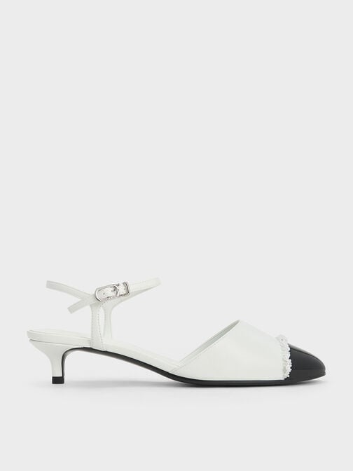 Pearl-Embellished Cap-Toe Kitten Heels, White, hi-res