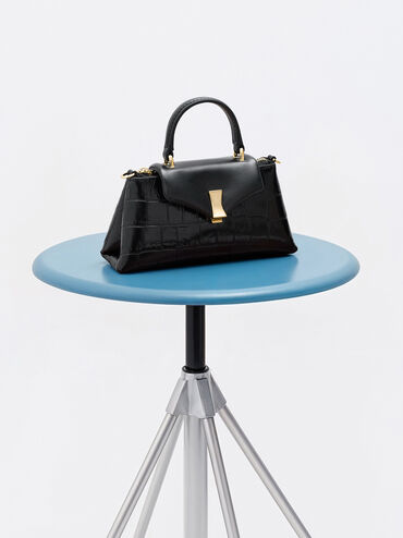 Micro Lilibet Croc-Effect Top Handle Bag, Black, hi-res