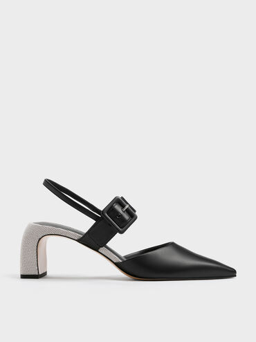 Two-Tone Buckled Pointed Slingback Pumps, Black, hi-res