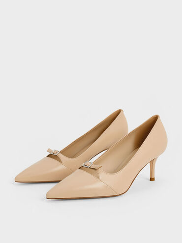 Buckle-Strap Pointed-Toe Pumps, Beige, hi-res