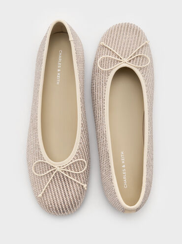 Satin Crystal-Pearl Bow Ballet Flats, Gold, hi-res