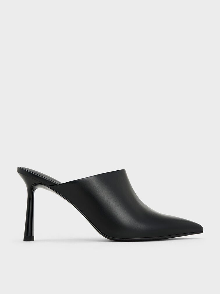 High-Vamp Pointed-Toe Heeled Mules, Black, hi-res