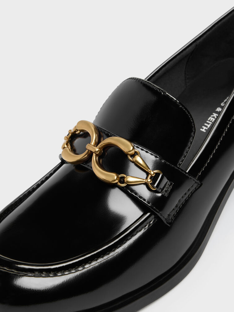 Metallic-Buckle Loafer Pumps, Black Boxed, hi-res