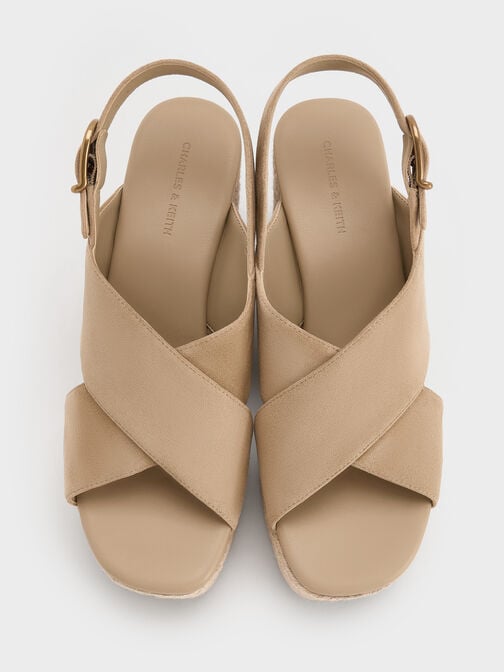 Faux Suede Crossover Espadrille Wedges, Sand, hi-res