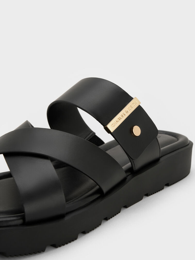 Metallic-Accent Crossover Slides, Black, hi-res