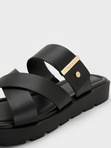 Metallic-Accent Crossover Slides, Black, hi-res