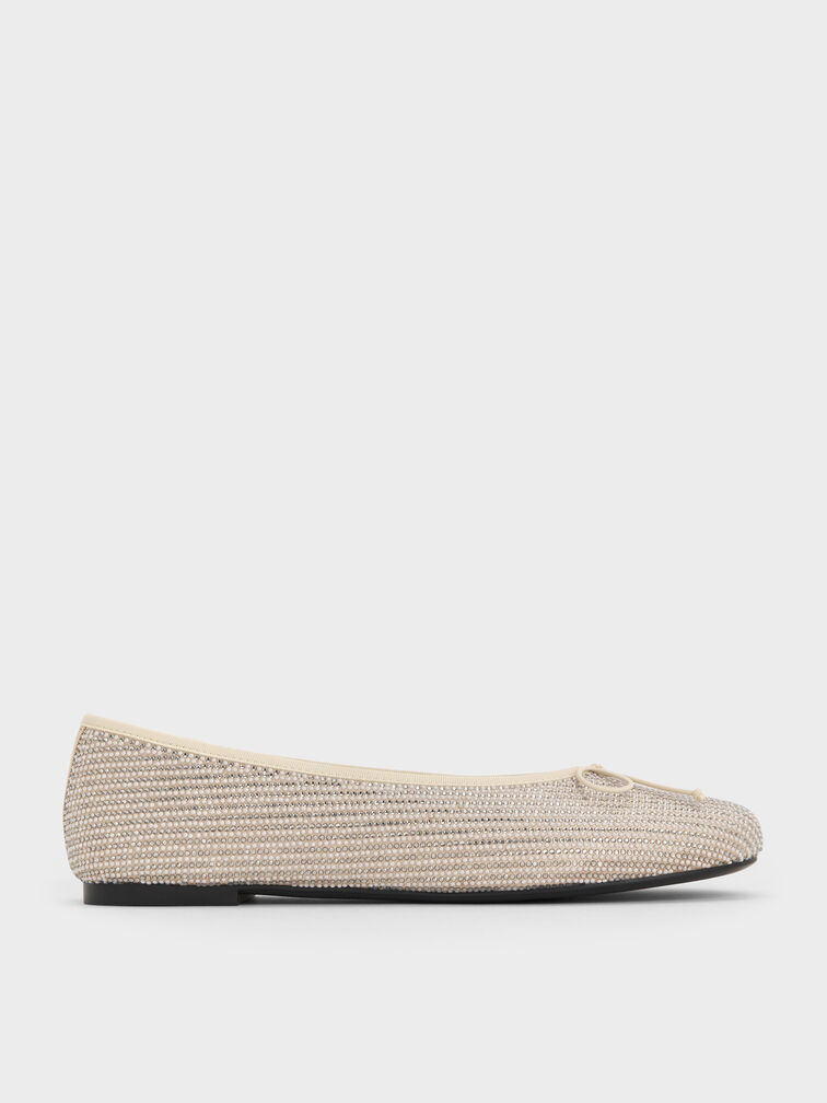 Satin Crystal-Pearl Bow Ballet Flats, Gold, hi-res