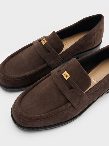 Georgina Suede Penny Loafers, Dark Brown Textured, hi-res