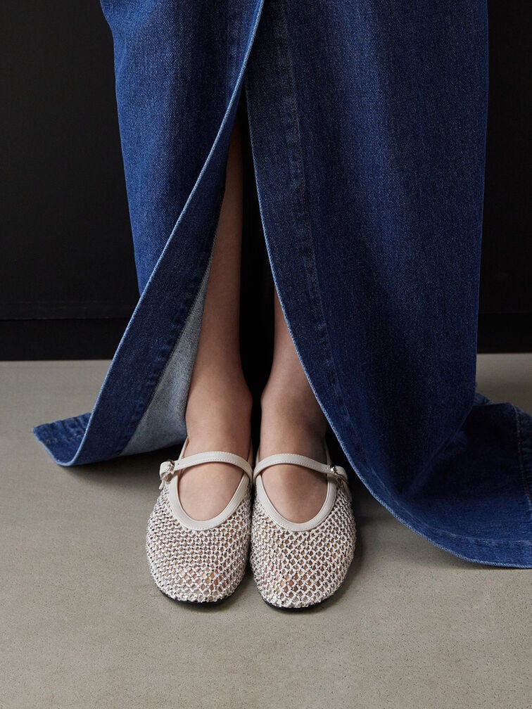 Maggie Mesh Crystal Mary Janes, White, hi-res
