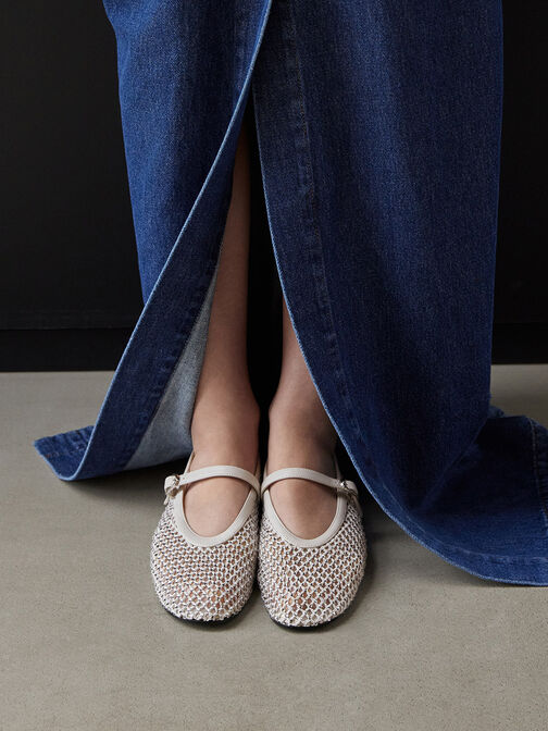Maggie Mesh Crystal Mary Janes, White, hi-res