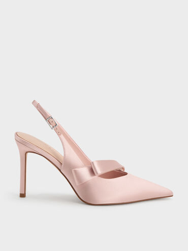 Satin Pleated-Strap Slingback Pumps, Pink, hi-res