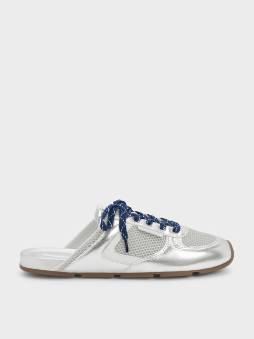 Metallic Mesh Lace-Up Sneaker Mules, Silver, hi-res