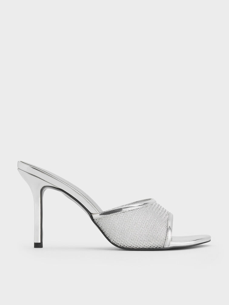 Mesh Metallic Stiletto-Heel Mules, Silver, hi-res
