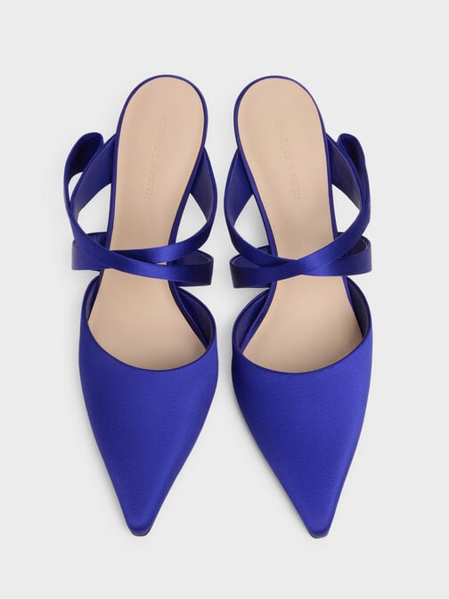 Satin Pleated-Strap Heeled Mules, Blue, hi-res