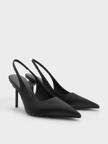 Satin Crystal Ball-Heel Slingback Pumps, Black Textured, hi-res