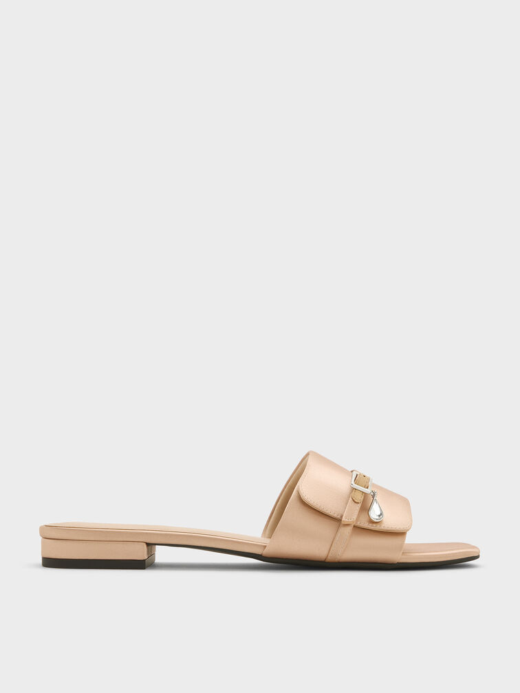 Teardrop-Crystal Buckled Slide Sandals, Gold, hi-res