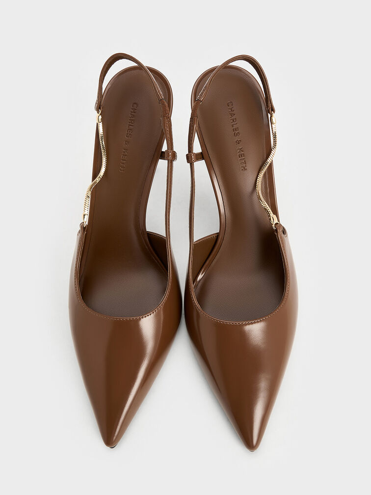 Chain-Strap Pointed-Toe Slingback Pumps, Brown, hi-res