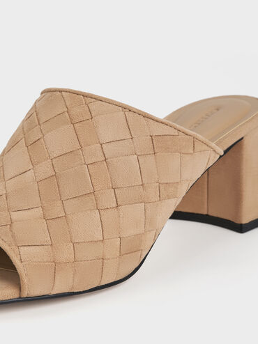 Ivette Faux Suede Woven Heeled Mules, Sand, hi-res