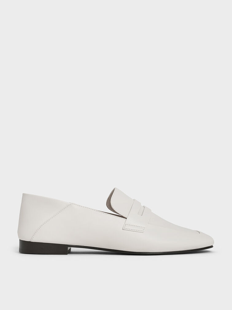 Almond-Toe Penny Loafers, White, hi-res