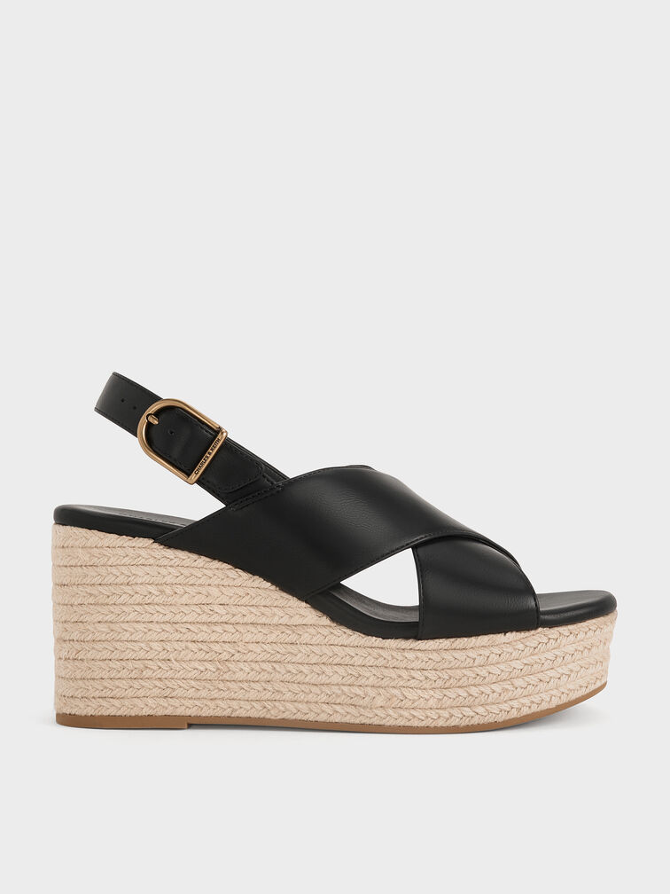 Crossover Espadrille Wedges, Black, hi-res