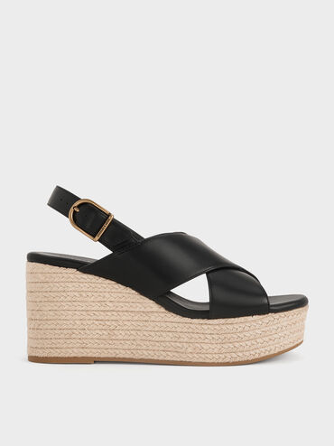 Crossover Espadrille Wedges, Black, hi-res