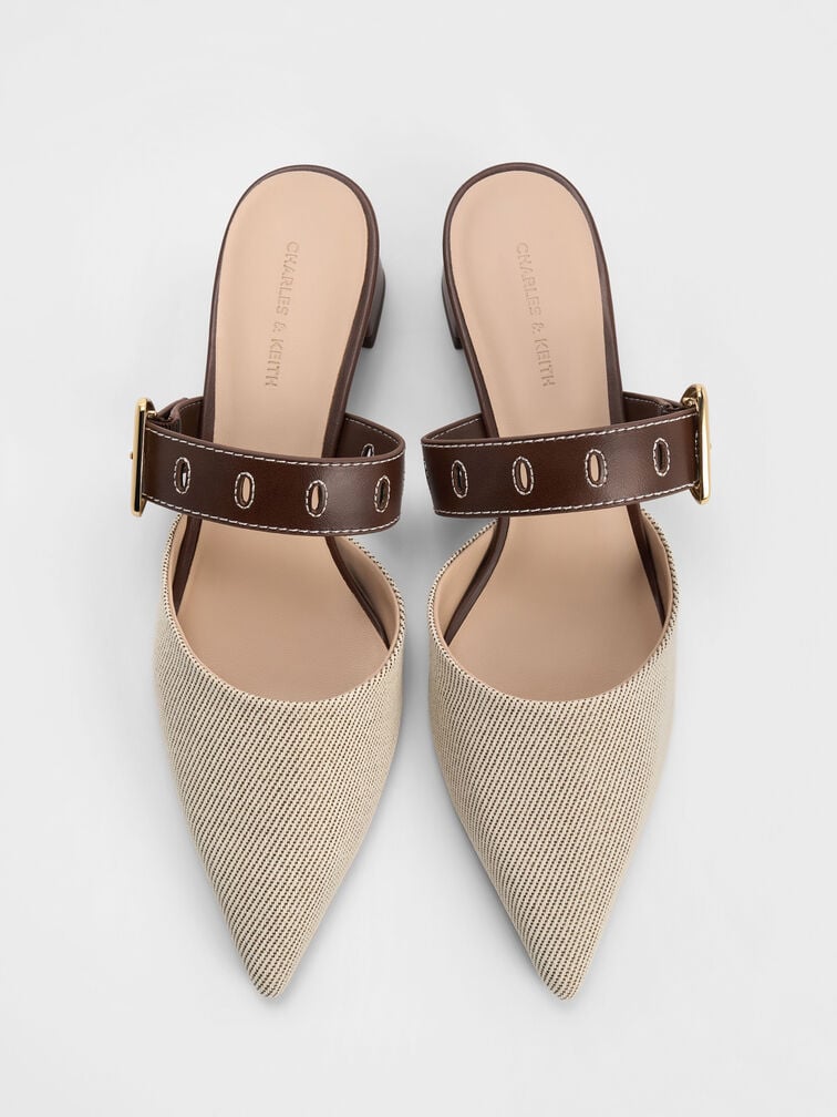 Sepphe Twill Buckle-Strap Heeled Mules, Brown, hi-res