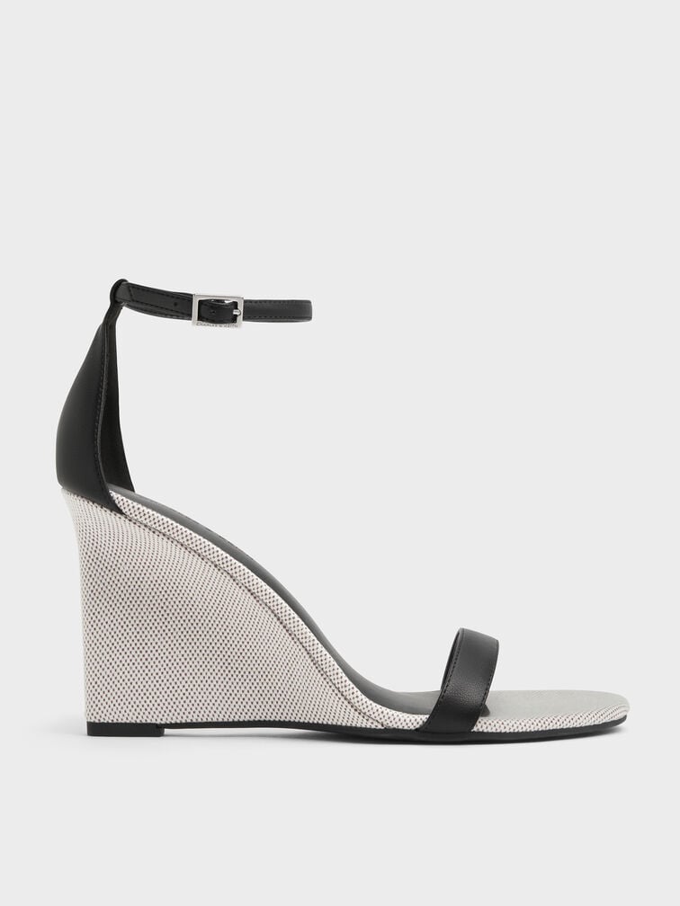 Two-Tone Ankle-Strap Wedges, Black, hi-res