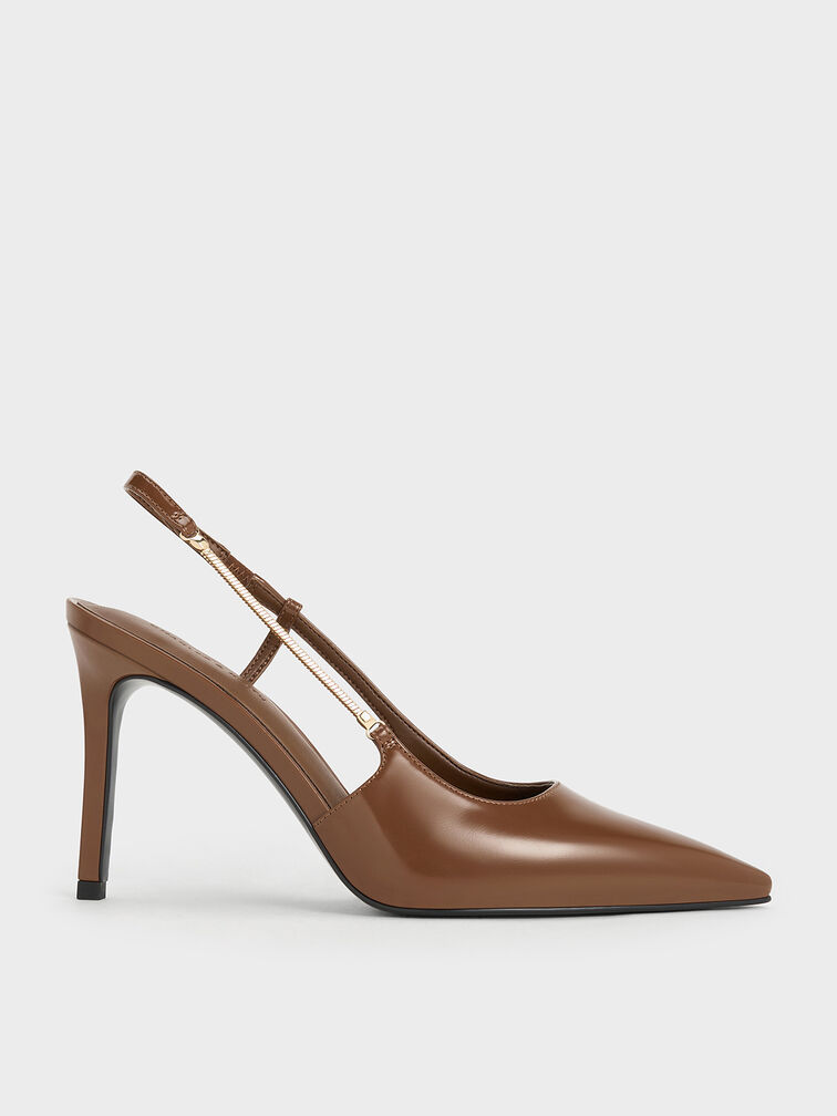Chain-Strap Pointed-Toe Slingback Pumps, Brown, hi-res