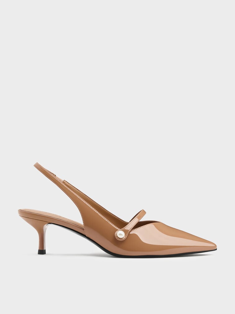 Helena Patent Pearl Slingback Kitten Heels, Caramel, hi-res