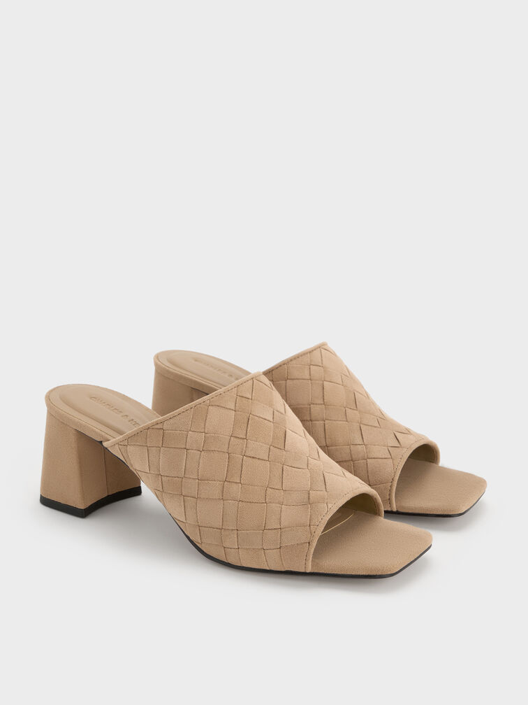 Ivette Faux Suede Woven Heeled Mules, Sand, hi-res