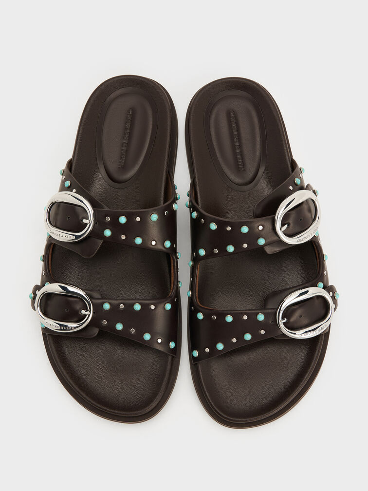Studded Buckled Double-Strap Slides, Dark Brown, hi-res