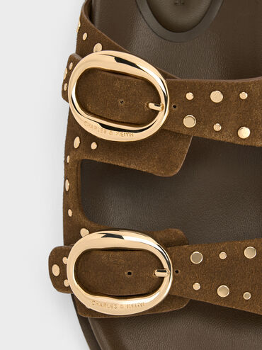 Studded Buckled Double-Strap Slides, Brown, hi-res