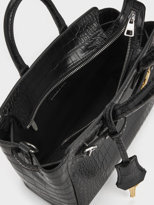 Mini Delfina Croc-Effect Belted Tote Bag, Black Croco, hi-res