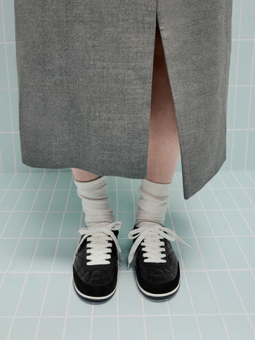 Faux Suede Two-Tone Low-Top Sneakers, Black, hi-res