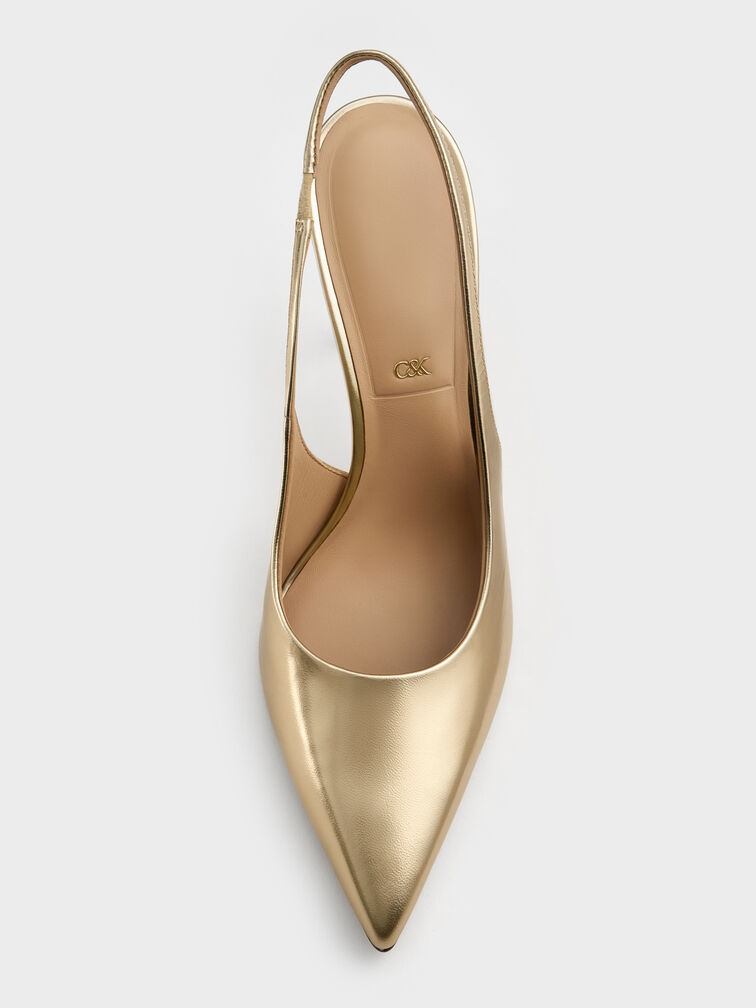 Metallic Leather Slingback Stiletto Pumps, Gold, hi-res