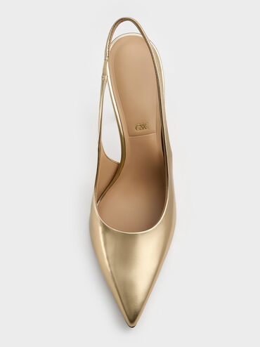 Metallic Leather Slingback Stiletto Pumps, Gold, hi-res