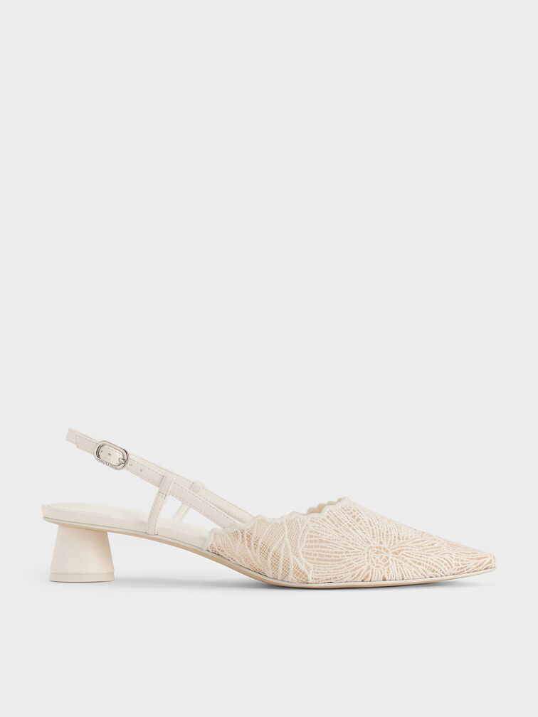 Meja Floral-Crochet Slingback Pumps, White, hi-res