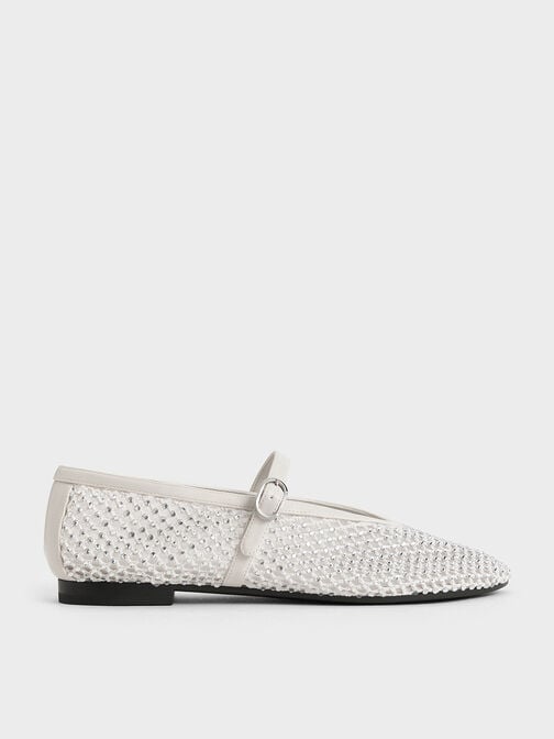 Maggie Mesh Crystal Mary Janes, White, hi-res