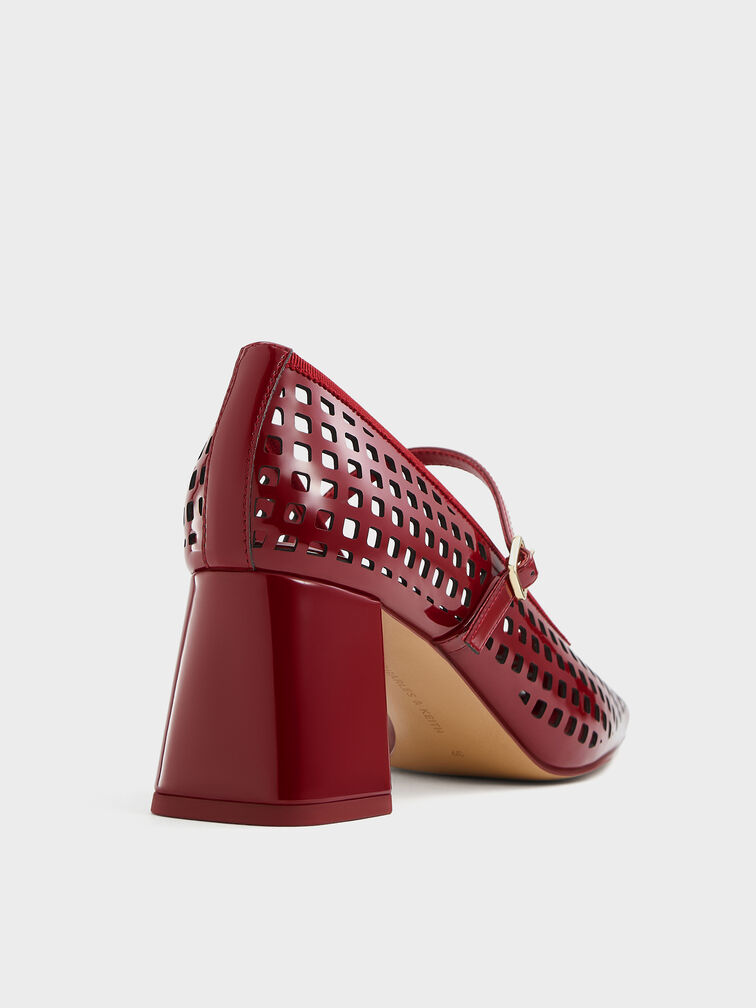 Patent Perforated Square-Toe Block-Heel Mary Jane Pumps, Red, hi-res