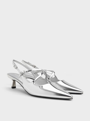 Pauline Metallic Crossover Kitten Heels, Silver, hi-res